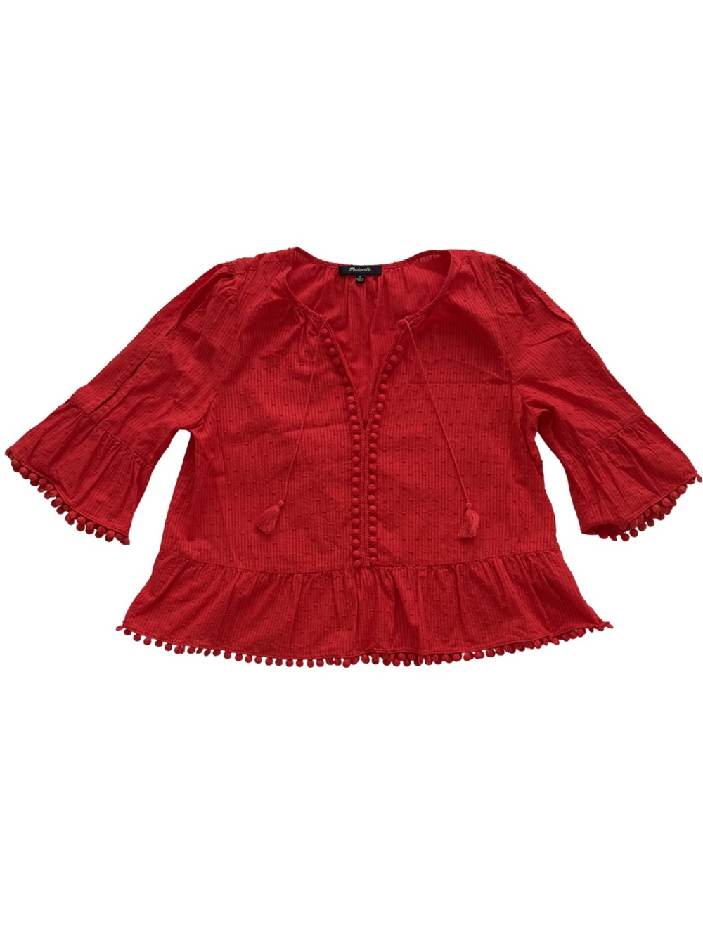 Madewell Peek a Boo Pom Pom Blouse Red Size Small